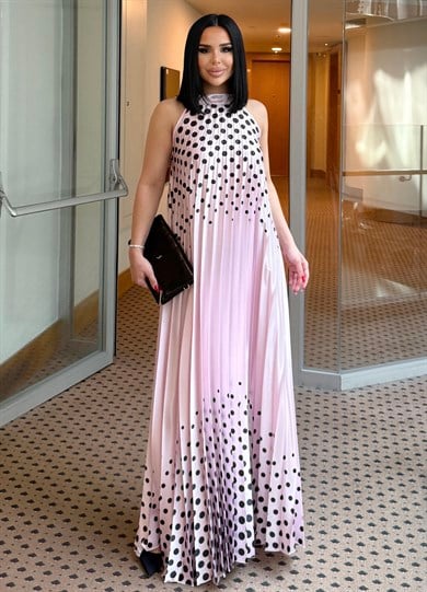 Kelie Puantiye Detaylı Saten Elbise Pembe