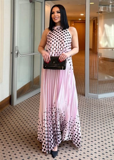 Kelie Puantiye Detaylı Saten Elbise Pembe