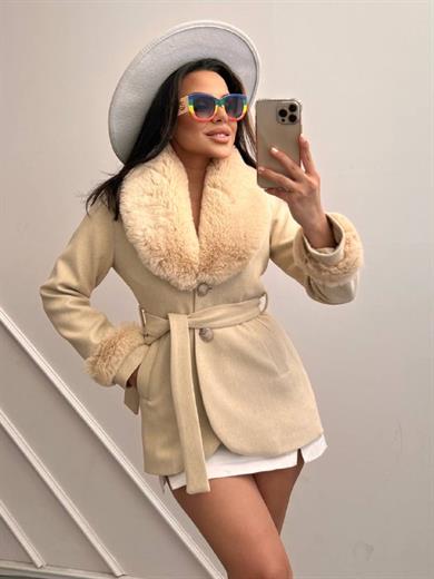 Klein Kürklü Kaşe Kaban Bej