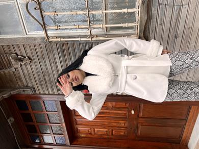 Klein Kürklü Kaşe Kaban Beyaz