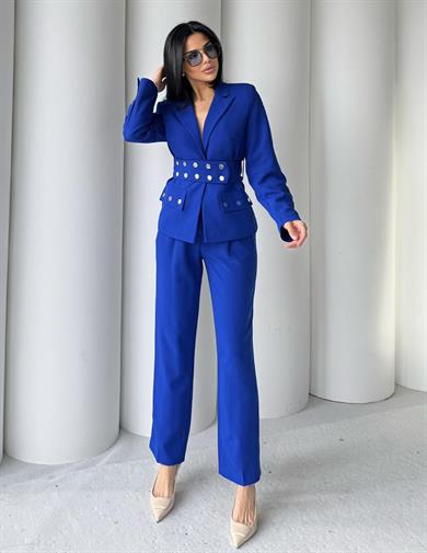 Label Zımba Kemer Detaylı Şık Takım Saks Mavi