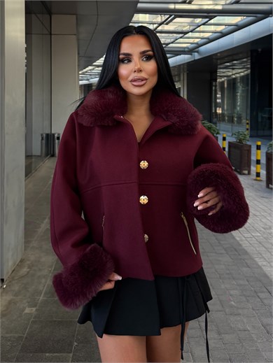 Laria Kürk Yaka Detaylı Kaban Bordo