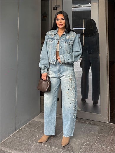 Leros Taş İşleme Detaylı Denim Takım Mavi