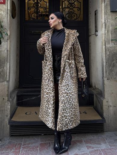 Lidya Kapşonlu Peluş Kürk Leopar Desen
