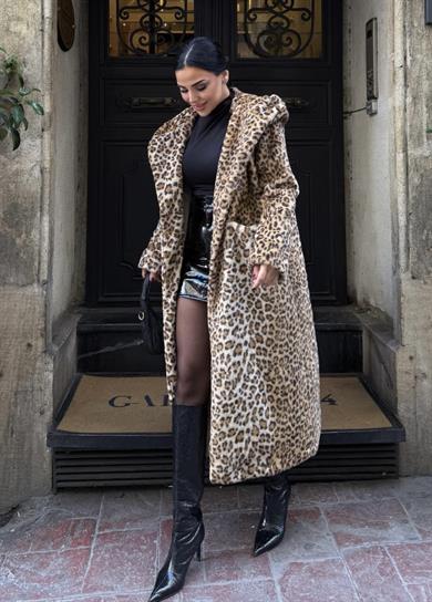 Lidya Kapşonlu Peluş Kürk Leopar Desen