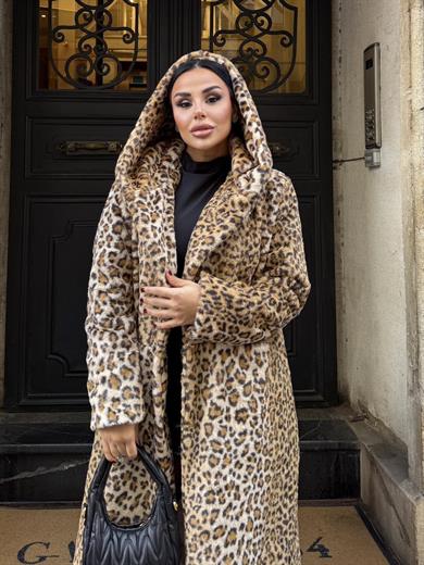 Lidya Kapşonlu Peluş Kürk Leopar Desen