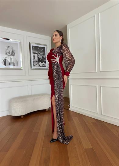 Liva Leopar Detaylı Abiye Elbise Bordo