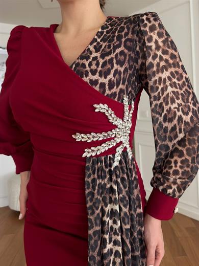 Liva Leopar Detaylı Abiye Elbise Bordo
