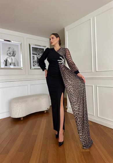 Liva Leopar Detaylı Abiye Elbise Siyah