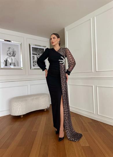 Liva Leopar Detaylı Abiye Elbise Siyah