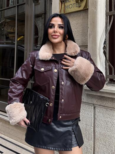 Livas Kürk Detaylı Deri Ceket Bordo