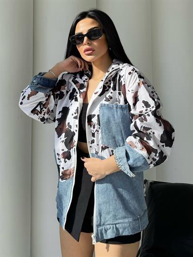 Lone Denim Detaylı Paraşüt Kapşonlu Ceket Mavi