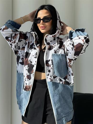 Lone Denim Detaylı Paraşüt Kapşonlu Ceket Mavi