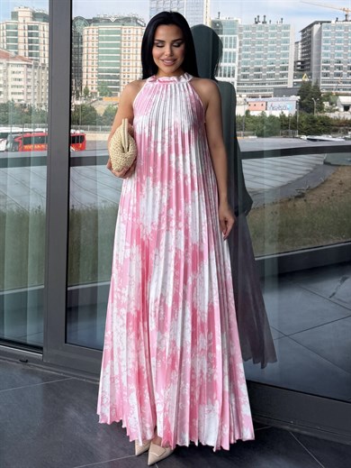 Margarit  Desenli Saten Elbise Pembe