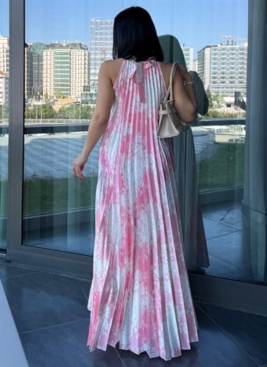 Margarit  Desenli Saten Elbise Pembe