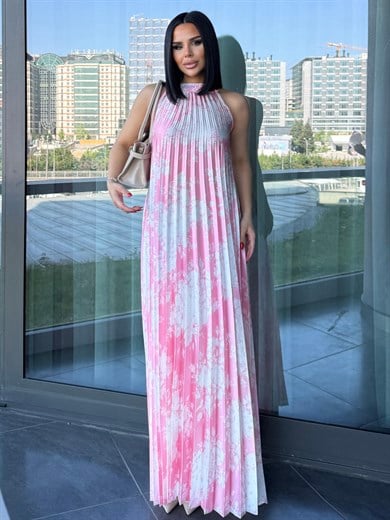 Margarit  Desenli Saten Elbise Pembe