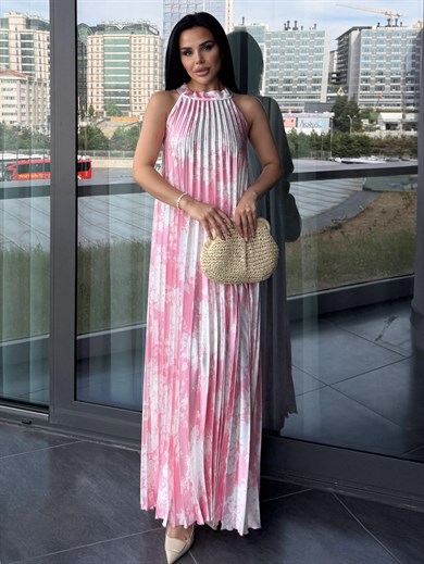 Margarit  Desenli Saten Elbise Pembe