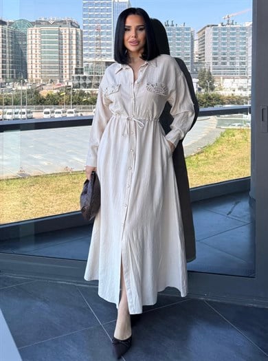 Maria İşleme Detaylı Elbise Ekru