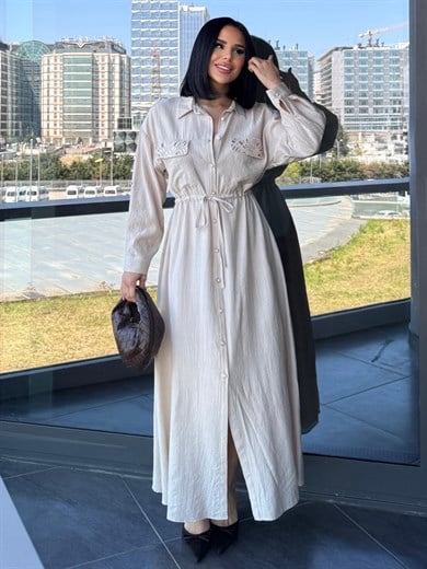 Maria İşleme Detaylı Elbise Ekru