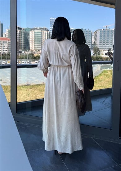 Maria İşleme Detaylı Elbise Ekru