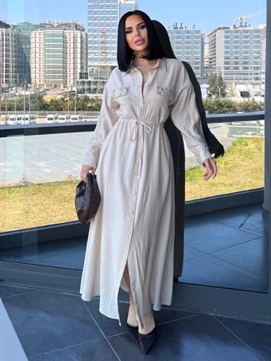 Maria İşleme Detaylı Elbise Ekru