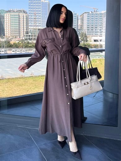 Maria İşleme Detaylı Elbise Kahve