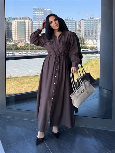 Maria İşleme Detaylı Elbise Kahve