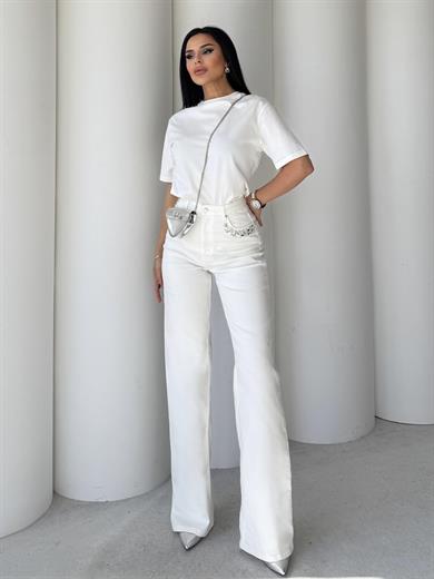 Maros Taş Detaylı Wide Leg Jean Beyaz