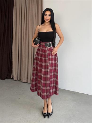 Marsie Kemer Detaylı Etek Bordo