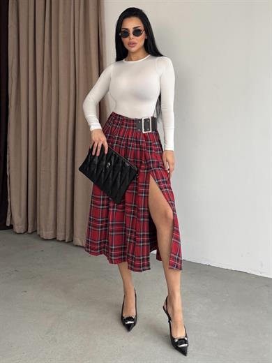 Marsie Kemer Detaylı Etek Kırmızı