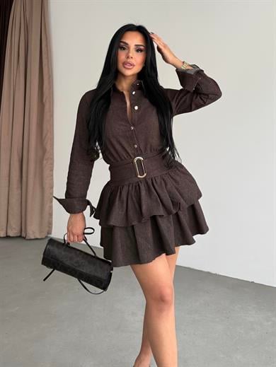 Massimo Gold Kemer Detaylı Denim Elbise Kahve