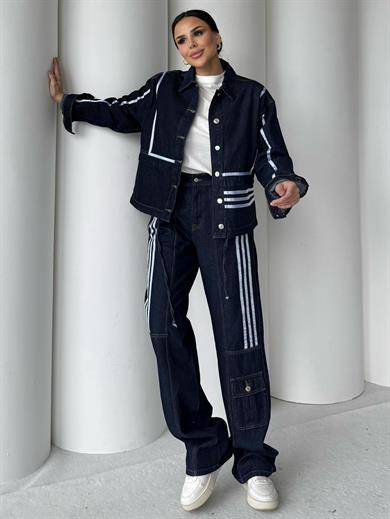 Rosmeri Çizgili Denim Takım Lacivert