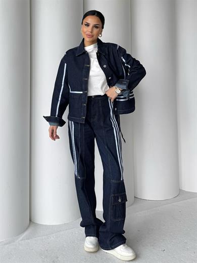Rosmeri Çizgili Denim Takım Lacivert
