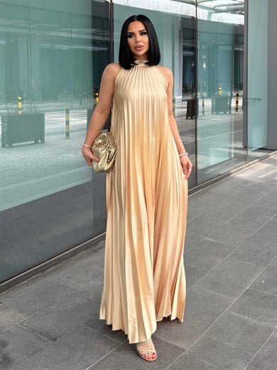 Matcha Boyundan Bağlamalı Saten Elbise Gold