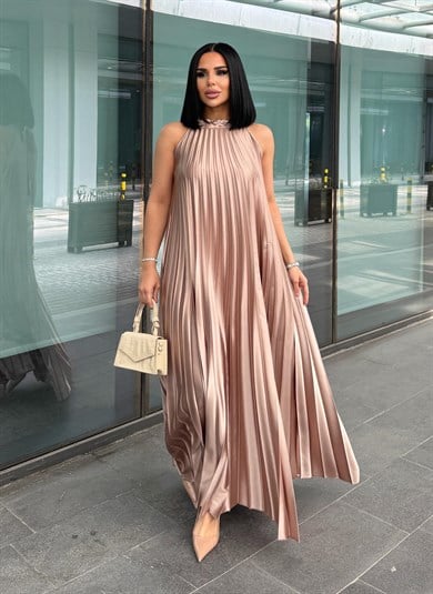 Matcha Boyundan Bağlamalı Saten Elbise Bej