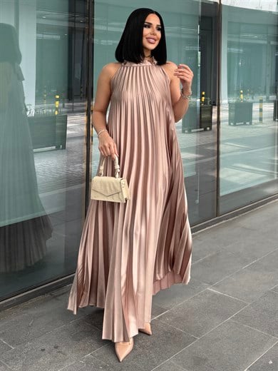 Matcha Boyundan Bağlamalı Saten Elbise Bej