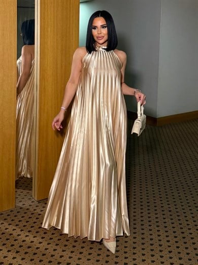 Matcha Boyundan Bağlamalı Saten Elbise Şampanya