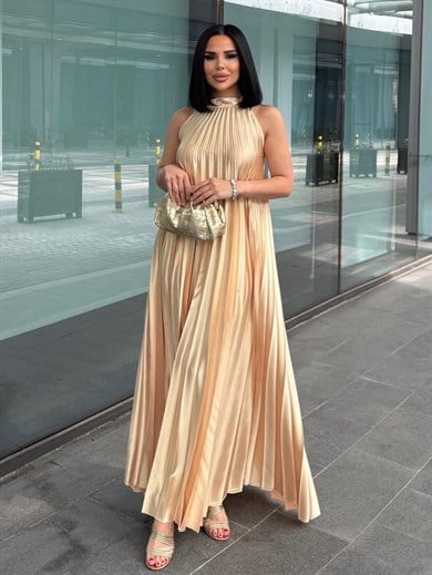 Matcha Boyundan Bağlamalı Saten Elbise Gold