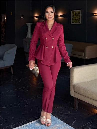 Melins Gold Düğme Detaylı Takım Bordo 