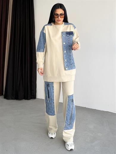 Melix Denim Detaylı Tasarım Takım Ekru