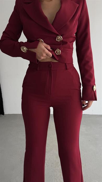 Mihra Gold Düğme Detaylı Takım Bordo