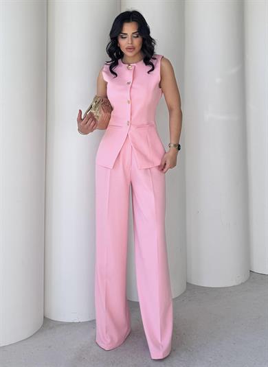 Mishell Gold Düğme Detaylı Takım Pembe