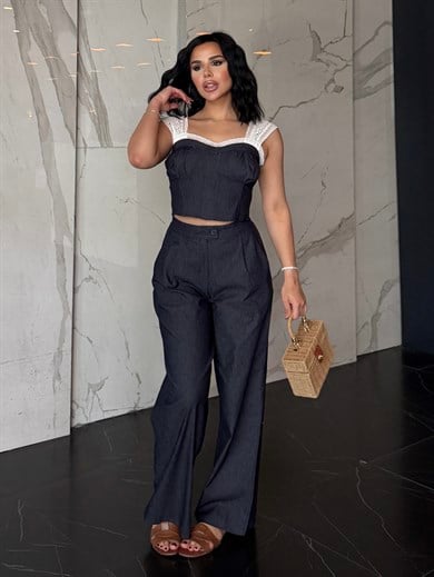 Missu Dantel Detaylı Denim Takım. Lacivert