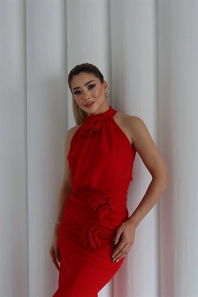 Molis Gül Detaylı Abiye Elbise Kırmızı