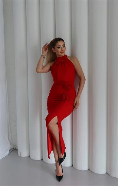 Molis Gül Detaylı Abiye Elbise Kırmızı
