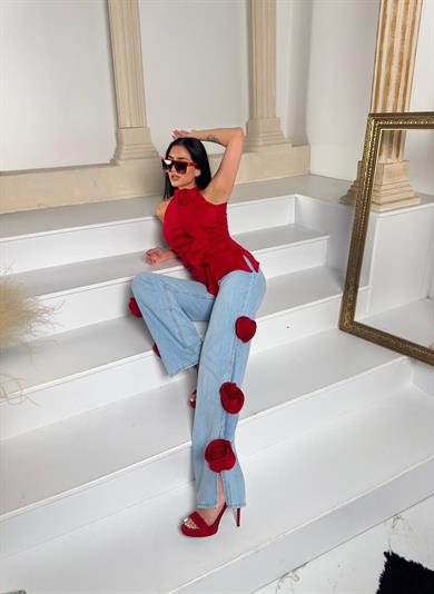 Mosta Gül Detaylı Jean Kırmızı