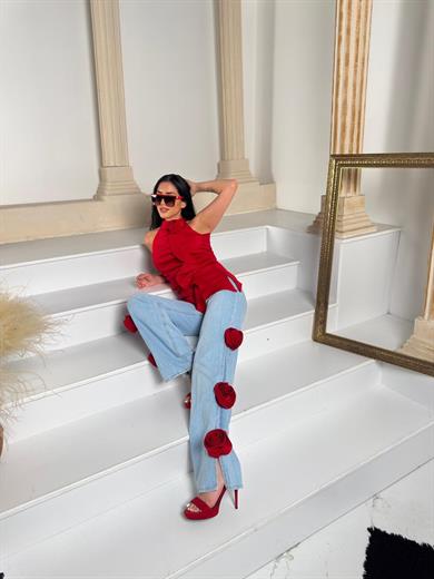 Mosta Gül Detaylı Jean Kırmızı