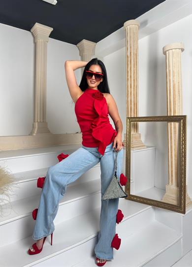 Mosta Gül Detaylı Jean Kırmızı