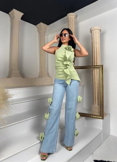 Mosta Gül Detaylı Jean Yeşil