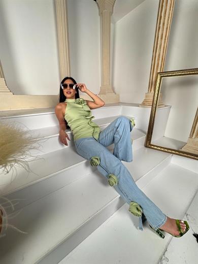 Mosta Gül Detaylı Jean Yeşil